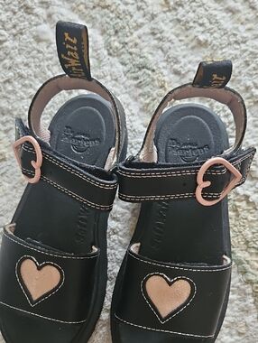Dr. Martens Kids Black Sandals with Pink Heart Accents